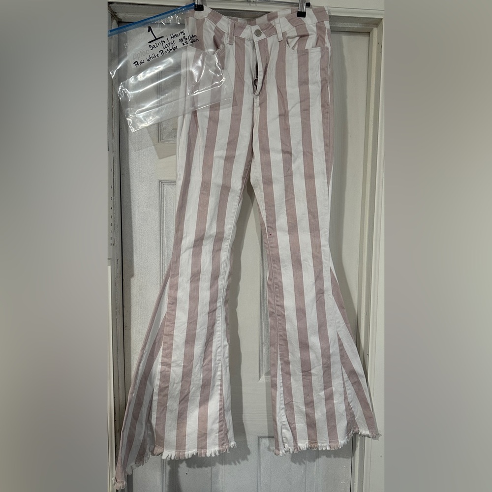 Saints & Hearts pinstripe bell bottoms flare pink white